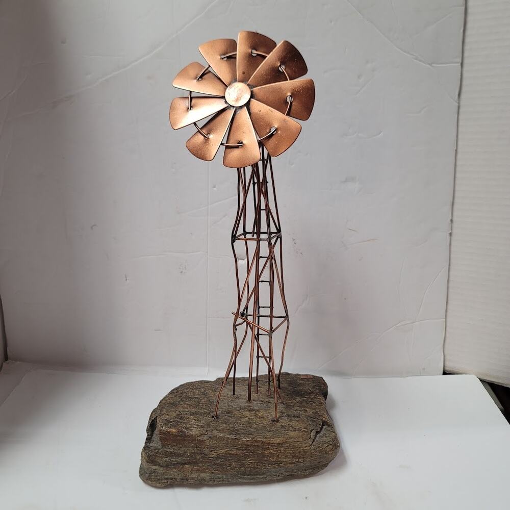 Art scuplture copper metal windmill on granite rock signed CE 75 brutalist